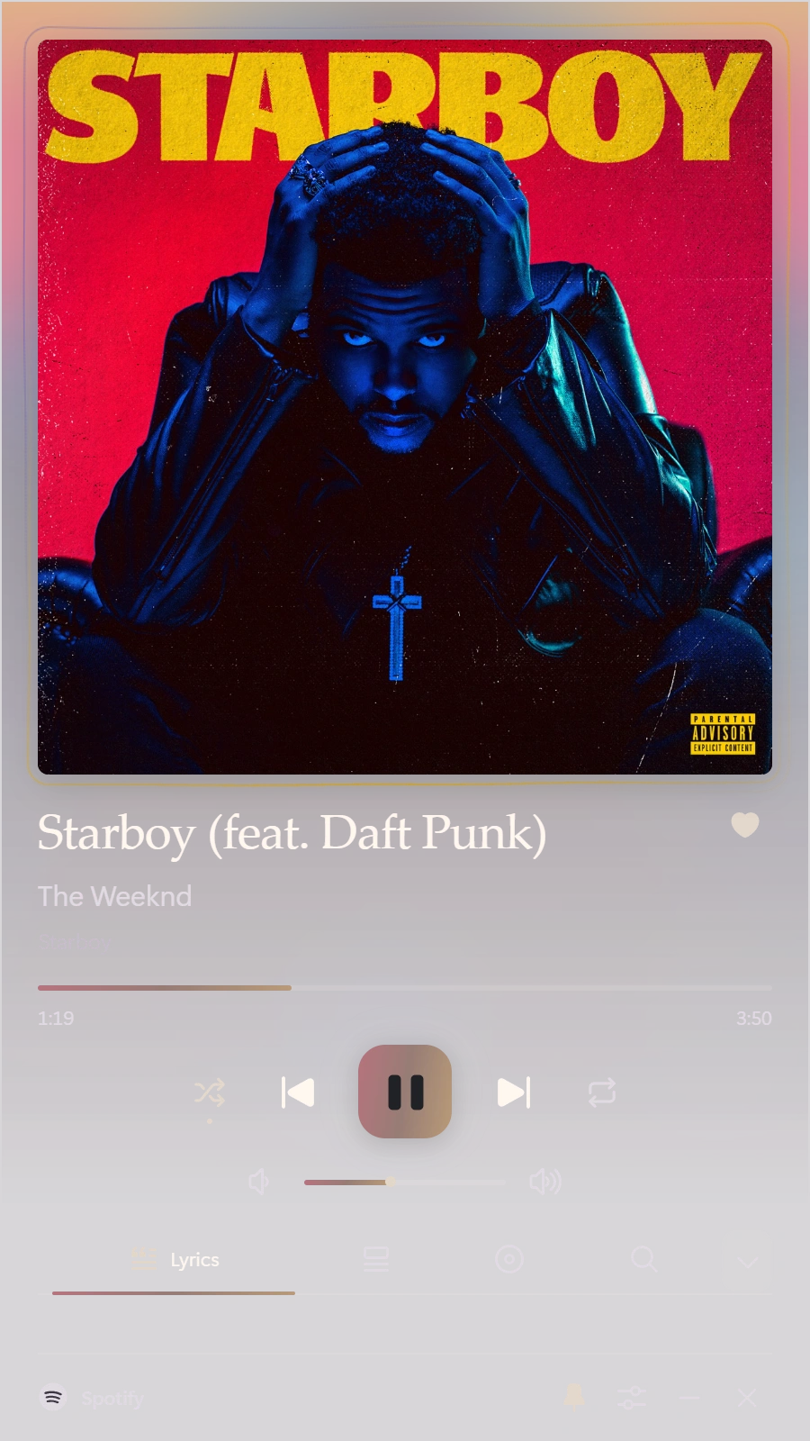 Starboy in Lowlight’s Frosted Glass theme, with red and blue album colors.
