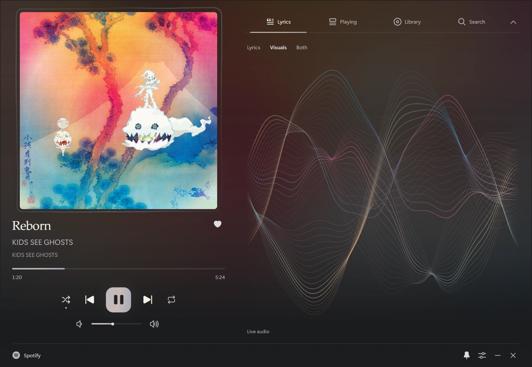 Lowlight playing Reborn by KIDS SEE GHOSTS, with album-inspired colors and a flowing multicolor visualizer.