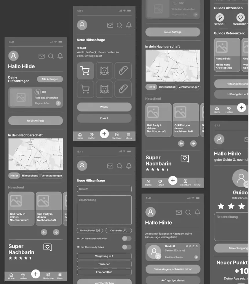 Mina-Wireframes: Startseite, Formular für ein Hilfegesuch und Nachbarschaftskarte