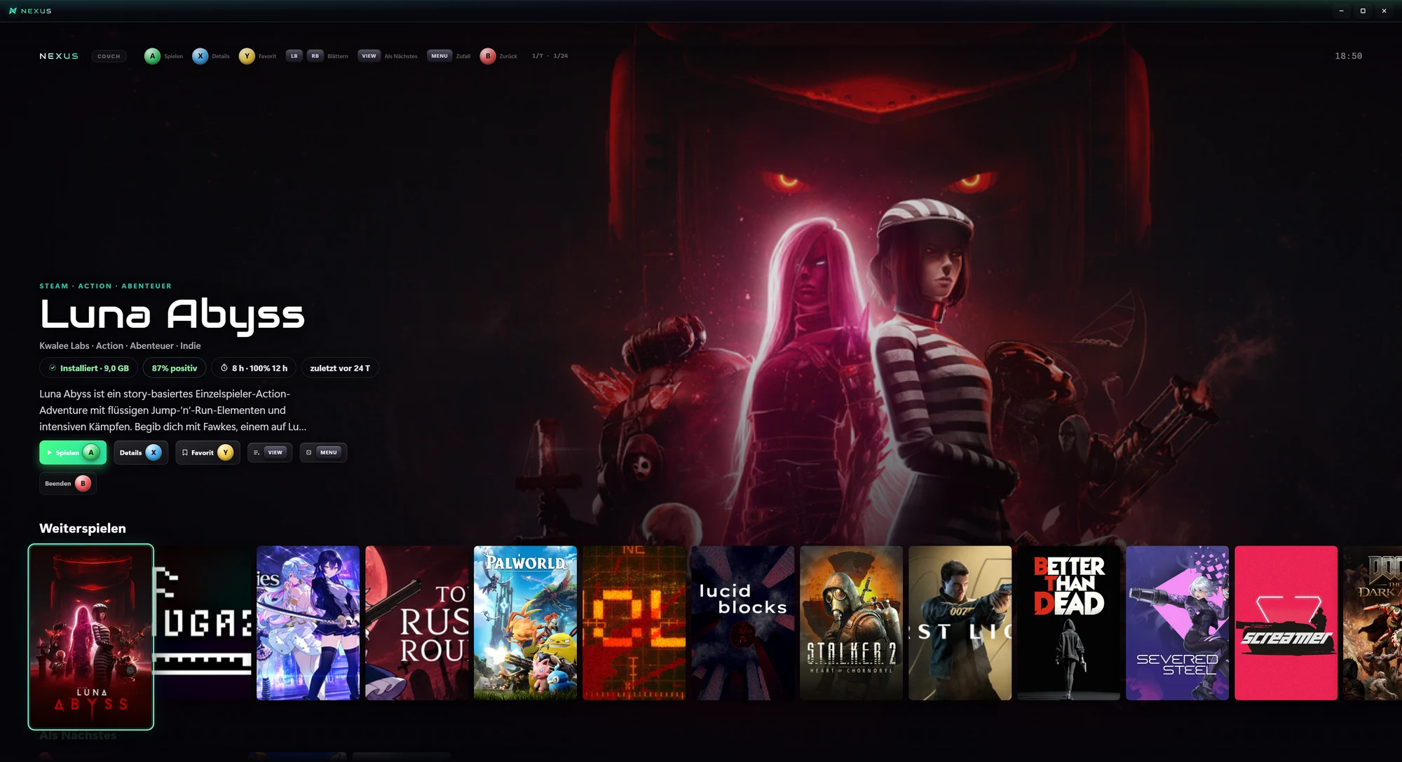 Nexus full-screen couch view with large artwork and controller-friendly navigation