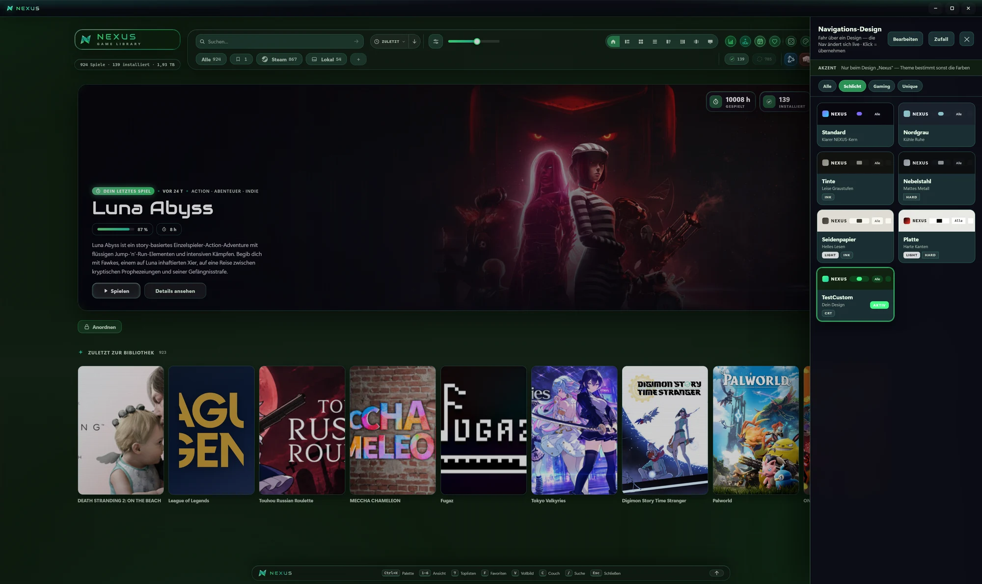 Nexus navigation design gallery showing preset styles and a custom theme