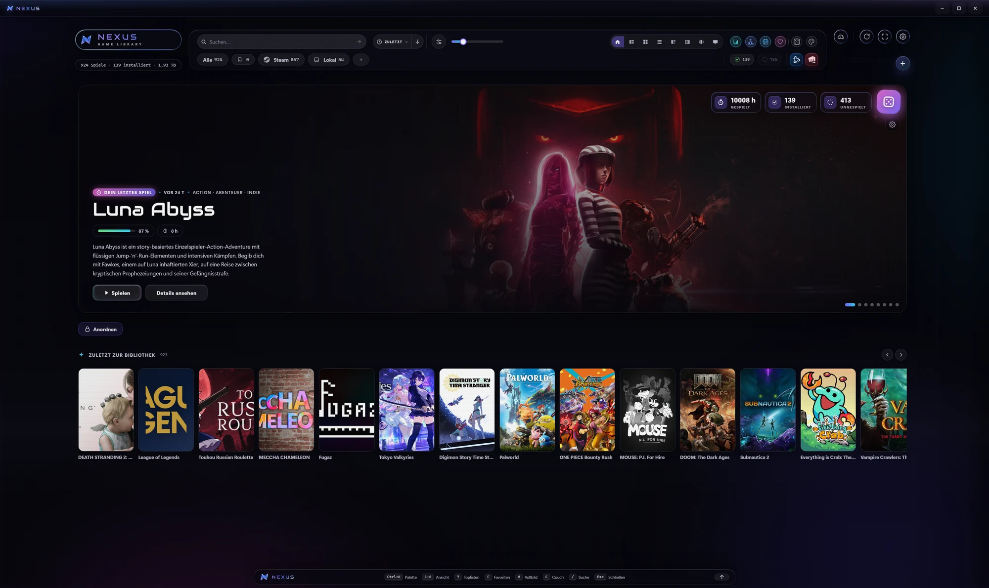 Nexus Home with Luna Abyss featured above a row of real games